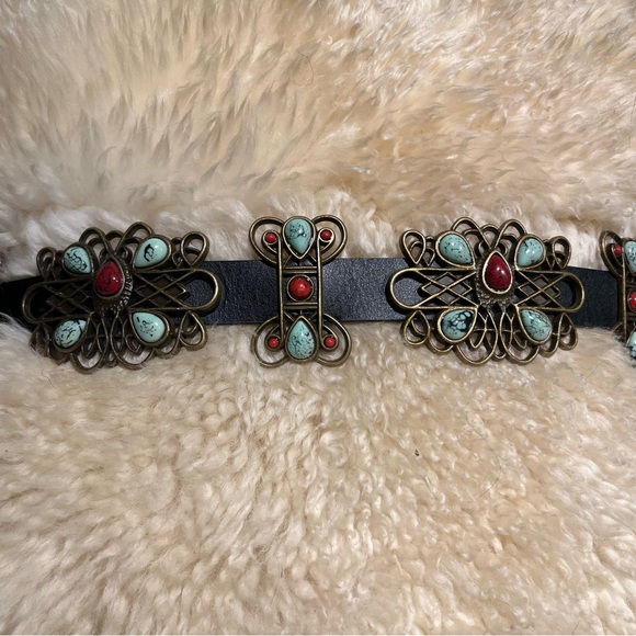 black leather western concho belt faux coral and turquoise stones scroll design - Picture 9 of 17
